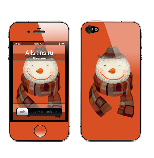 Наклейка на Телефон Apple iPhone 4S, 4 Снеговик,  купить в Москве – интернет-магазин Allskins, модный, шляпа, шарф, тепло, новый год