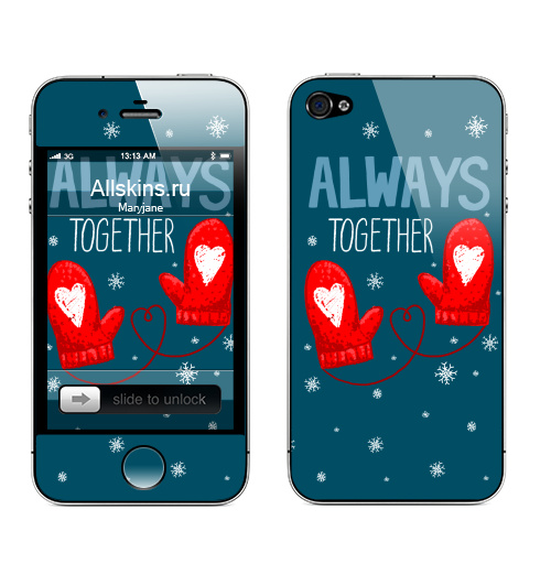 Наклейка на Телефон Apple iPhone 4S, 4 WARM,  купить в Москве – интернет-магазин Allskins, любовь, зима, тепло, для влюбленных, парные, варежки