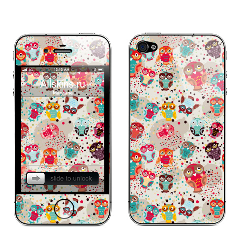 Наклейка на Телефон Apple iPhone 4S, 4 Owls owls 3,  купить в Москве – интернет-магазин Allskins, бирюзовый, детские, сова, птицы, паттерн, красный, девушка, голубой