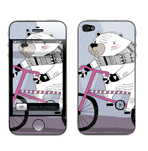 Наклейка на Телефон Apple iPhone 4S, 4 Мишка на велике,  купить в Москве – интернет-магазин Allskins, милые животные, персонажи, медведь, велосипед, животные