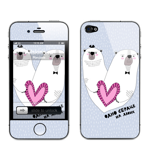 Наклейка на Телефон Apple iPhone 4S, 4 Медвелюбовь,  купить в Москве – интернет-магазин Allskins, животные, любовь, медведь, персонажи, для влюбленных, парные
