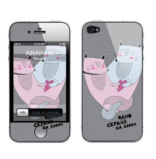 Наклейка на Телефон Apple iPhone 4S, 4 Котолюбовь,  купить в Москве – интернет-магазин Allskins, животные, любовь, кошка, персонажи, пара, для влюбленных, парные
