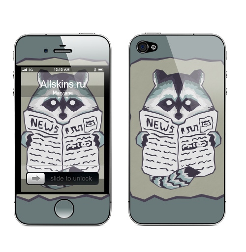 Наклейка на Телефон Apple iPhone 4S, 4 Raccoon & Newspaper,  купить в Москве – интернет-магазин Allskins, работа, животные, позитив, енот, полоски