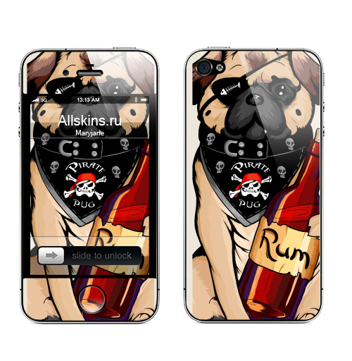 Наклейка на Телефон Apple iPhone 4S, 4 Pirate pug,  купить в Москве – интернет-магазин Allskins, бульдог, Мопс, собаки, алкоголь, пират, животные