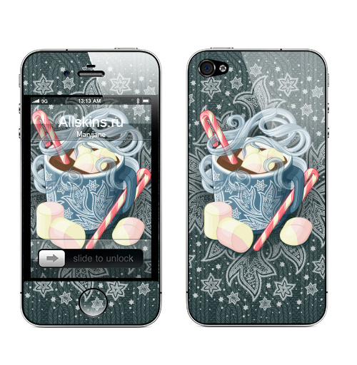 Наклейка на Телефон Apple iPhone 4S, 4 Какао с зефирками,  купить в Москве – интернет-магазин Allskins, маршмелоу, зефир, какао, сладости, зима