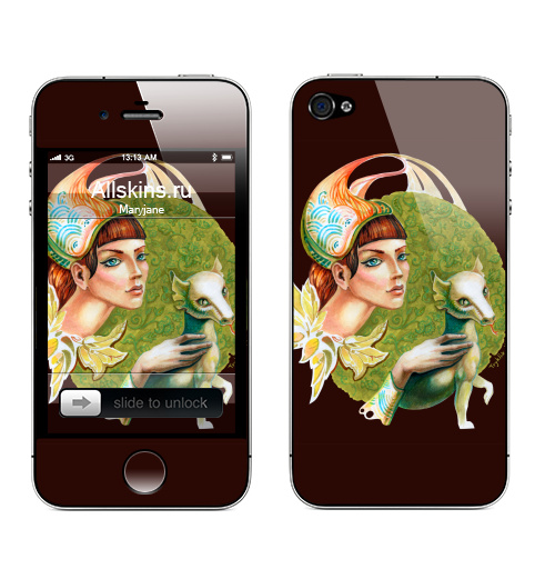 Наклейка на Телефон Apple iPhone 4S, 4 Портрет Сесилии Галлерани - 2,  купить в Москве – интернет-магазин Allskins, животные, девушка, зеленый, лицо, декоративный