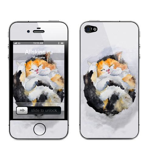 Наклейка на Телефон Apple iPhone 4S, 4 Спящий котёнок,  купить в Москве – интернет-магазин Allskins, животные, кошка, сон, акварель, няшка