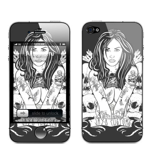Наклейка на Телефон Apple iPhone 4S, 4 Чикано,  купить в Москве – интернет-магазин Allskins, черно-белое, олдскулл, чикано, череп, девушка, татуировки
