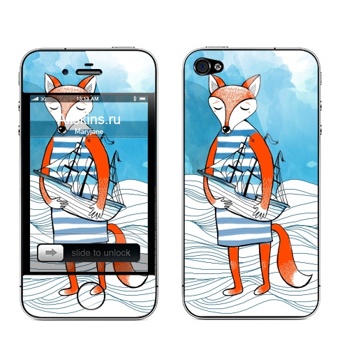 Наклейка на Телефон Apple iPhone 4S, 4 Лис-морячок,  купить в Москве – интернет-магазин Allskins, лиса, корабль, морская, морячок