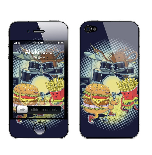 Наклейка на Телефон Apple iPhone 4S, 4 Вкусные мелодии,  купить в Москве – интернет-магазин Allskins, рокнролл, музыка, концерт, еда, фастфуд, Америка