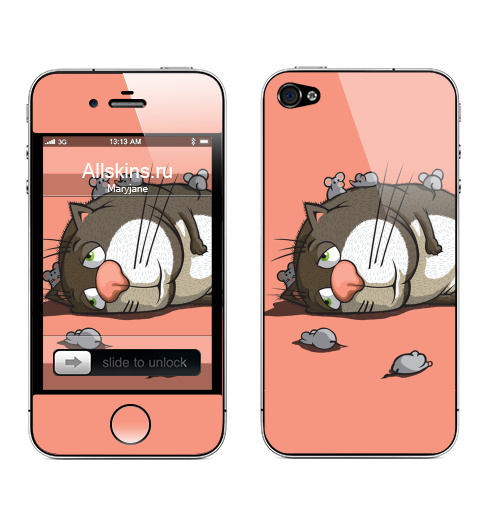 Наклейка на Телефон Apple iPhone 4S, 4 Кот-обормот,  купить в Москве – интернет-магазин Allskins, милые животные, кошка, любовь, животные, мышь