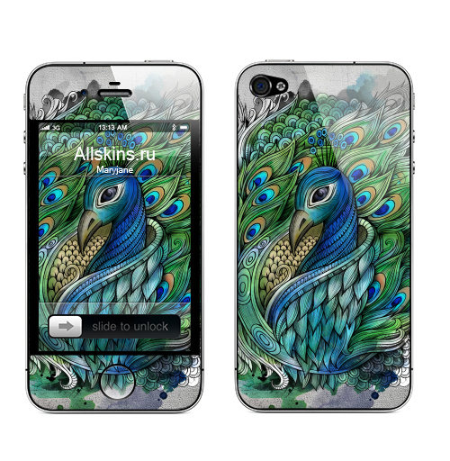 Наклейка на Телефон Apple iPhone 4S, 4 ПАВЛИК,  купить в Москве – интернет-магазин Allskins, милые животные, индеец, перья, яркий, птицы, павлиний, дудлы, узор, перышко, животные
