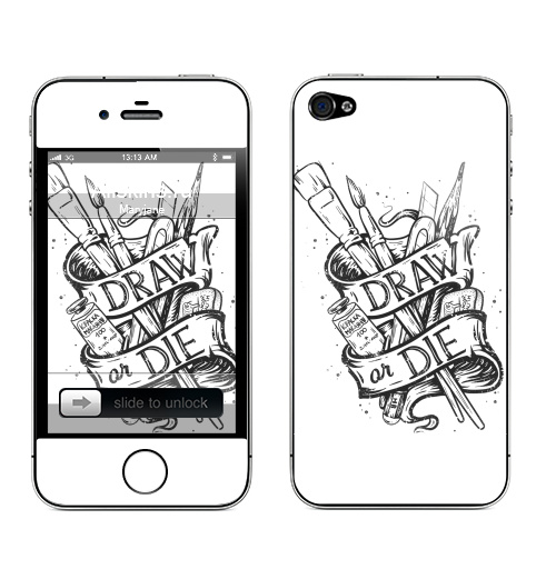 Наклейка на Телефон Apple iPhone 4S, 4 Рисуй,  купить в Москве – интернет-магазин Allskins, черно-белое, рисуй, кисти, старая, лента, кисть, карандаш, графика, татуировки