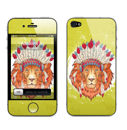 Наклейка на Телефон Apple iPhone 4S, 4 ВОЖДЬ ЗВЕРЕЙ,  купить в Москве – интернет-магазин Allskins, индеец, животные, лев, иллюстация, перья