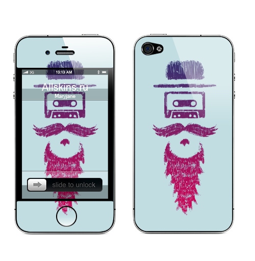 Наклейка на Телефон Apple iPhone 4S, 4 Кассета,  купить в Москве – интернет-магазин Allskins, борода, хипстер, шляпа, усы, трубка, волосы, музыка