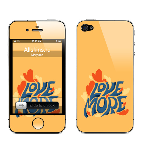 Наклейка на Телефон Apple iPhone 4S, 4 Больше любви,  купить в Москве – интернет-магазин Allskins, для влюбленных, сердце, романтика, каллиграфия, любовь, типографика, прикольные надписи, мотивация, надписи на английском