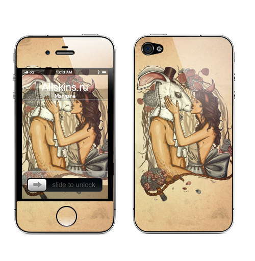 Наклейка на Телефон Apple iPhone 4S, 4 Кроликачасы,  купить в Москве – интернет-магазин Allskins, заяц, любовь, цветы, время, девушка, красота