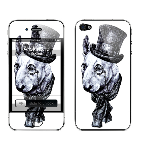 Наклейка на Телефон Apple iPhone 4S, 4 Сэр Бультерьер,  купить в Москве – интернет-магазин Allskins, крутые животные, черно-белое, животные, собаки, стимпанк, бультерьер, милые животные