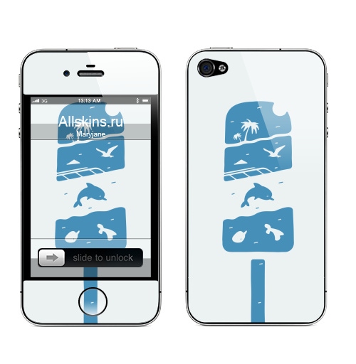Наклейка на Телефон Apple iPhone 4S, 4 Лето,  купить в Москве – интернет-магазин Allskins, голубой, трафарет, пальма, тропики, каникулы, чайка, лето, дельфины