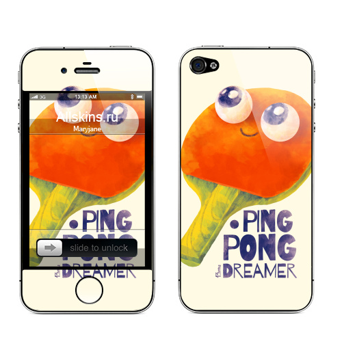 Наклейка на Телефон Apple iPhone 4S, 4 Пинг-понг дример,  купить в Москве – интернет-магазин Allskins, пинг-понг, гики, теннис, настольный теннис, мечта, футбол, ракетка