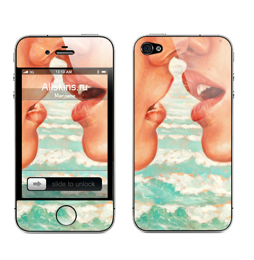 Наклейка на Телефон Apple iPhone 4S, 4 Калифорнийский кисс,  купить в Москве – интернет-магазин Allskins, поцелуй, любовь, волны, губы