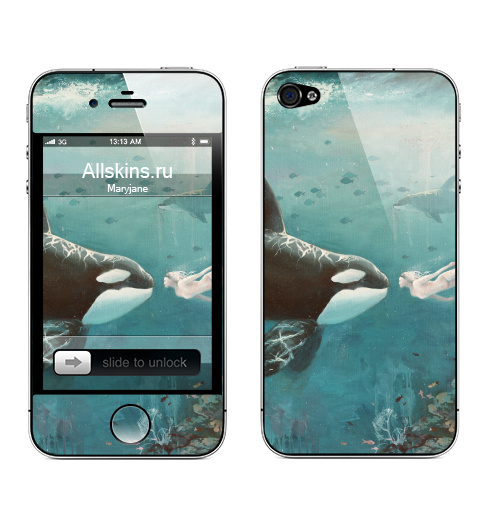 Наклейка на Телефон Apple iPhone 4S, 4 Орка,  купить в Москве – интернет-магазин Allskins, голубой, любовь, касатка, морская, подводная, дельфины, девушка, зеленый
