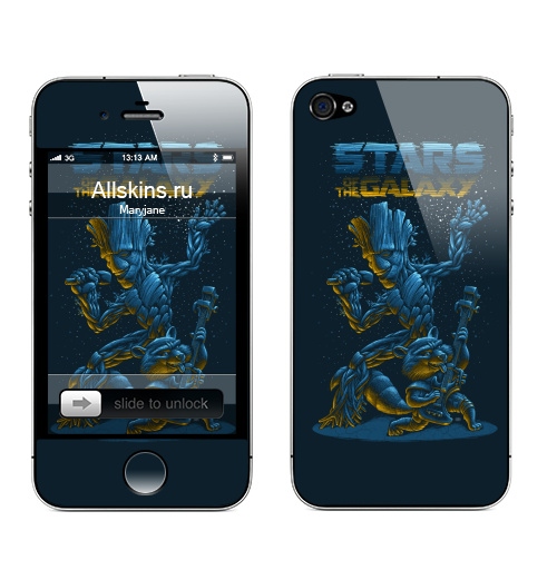 Наклейка на Телефон Apple iPhone 4S, 4 Звезды Галактики,  купить в Москве – интернет-магазин Allskins, музыка, енот, грут, стражигалактики, голубой