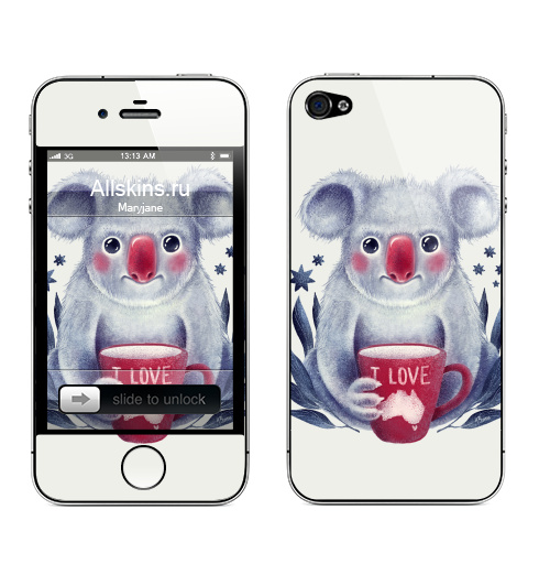Наклейка на Телефон Apple iPhone 4S, 4 Любитель Австралии,  купить в Москве – интернет-магазин Allskins, милые животные, эвкалипт, животные, Австралия, чай и кофе, любовь, коала, детские