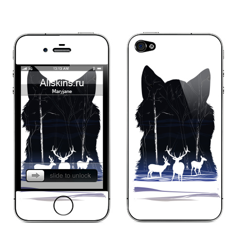 Наклейка на Телефон Apple iPhone 4S, 4 Снежные олешки,  купить в Москве – интернет-магазин Allskins, черный, природа, зима, лес, волк, олень