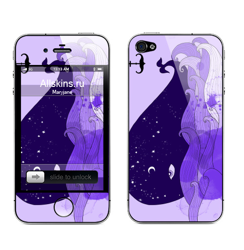 Наклейка на Телефон Apple iPhone 4S, 4 Звездный кит,  купить в Москве – интернет-магазин Allskins, фиолетовый, морская, луна, мечта, небо, звезда, киты