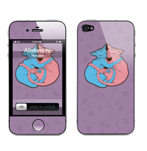 Наклейка на Телефон Apple iPhone 4S, 4 Котолюбофф,  купить в Москве – интернет-магазин Allskins, мило, мимими, розовый, голубой, Сфинкс, любовь, кошка