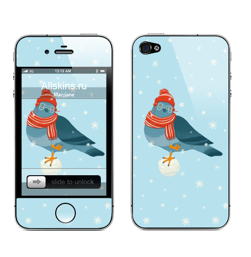 Наклейка на Телефон Apple iPhone 4S, 4 Голубь в шапке,  купить в Москве – интернет-магазин Allskins, новый год, снег, тепло, холод, зима, птицы