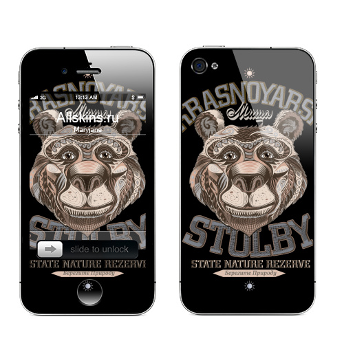 Наклейка на Телефон Apple iPhone 4S, 4 Медведь,  купить в Москве – интернет-магазин Allskins, животные, декоративный, медведь, природа, сибирь, столбы, графика