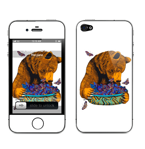 Наклейка на Телефон Apple iPhone 4S, 4 Гризли и бабочки,  купить в Москве – интернет-магазин Allskins, крутые животные, природа, цвет, графика, жизнь, еда, животные, медведь, гризли, бабочки