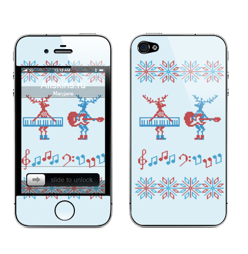 Наклейка на Телефон Apple iPhone 4S, 4 Свитер с оленями-музыкантами,  купить в Москве – интернет-магазин Allskins, музыка, зима, олень, свитер, вязка, ноты, гитара, фортепиано, пианино, новый год, 300 Лучших работ