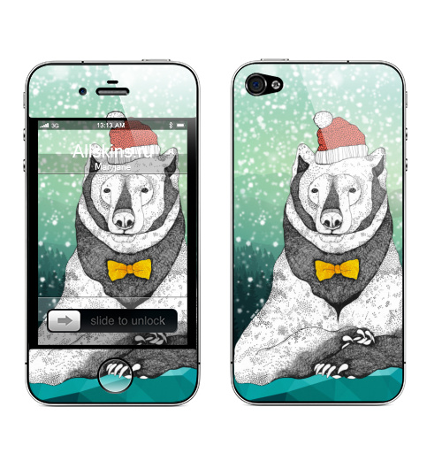 Наклейка на Телефон Apple iPhone 4S, 4 Новый год приближается! ,  купить в Москве – интернет-магазин Allskins, пикник, холод, медведь, зима, снег, подарки, новый год, крутые животные