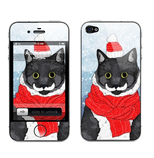 Наклейка на Телефон Apple iPhone 4S, 4 Рождественский Кот,  купить в Москве – интернет-магазин Allskins, шапка, кошка, новый год, снег, зима, пикник, крутые животные