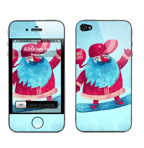Наклейка на Телефон Apple iPhone 4S, 4 Рождественский сноубординг,  купить в Москве – интернет-магазин Allskins, детские, сноуборд, зима, снег, новый год, каникулы, дед_мороз, спорт
