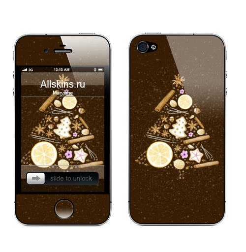 Наклейка на Телефон Apple iPhone 4S, 4 Ароматная елка,  купить в Москве – интернет-магазин Allskins, зима, акварель, новый год, корица, бадьян, ваниль