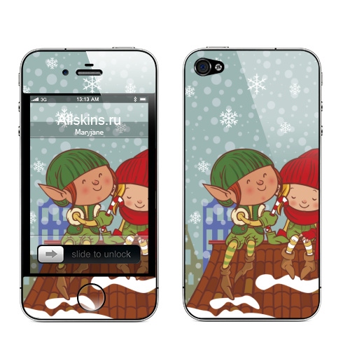 Наклейка на Телефон Apple iPhone 4S, 4 эльфолав,  купить в Москве – интернет-магазин Allskins, снег, ночь, мультфильмы, мило, любовь, печенье, карамелькт, эльф, новый год, детские