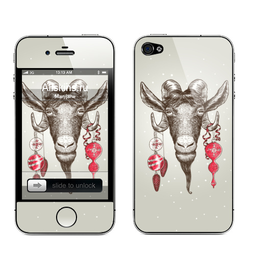 Наклейка на Телефон Apple iPhone 4S, 4 коза,  купить в Москве – интернет-магазин Allskins, овцы, новый год, шар, скетч, голова
