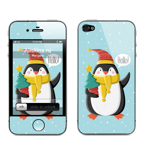 Наклейка на Телефон Apple iPhone 4S, 4 Пингвин с ёлкой,  купить в Москве – интернет-магазин Allskins, шапка, снег, новый год, пингвин, детские