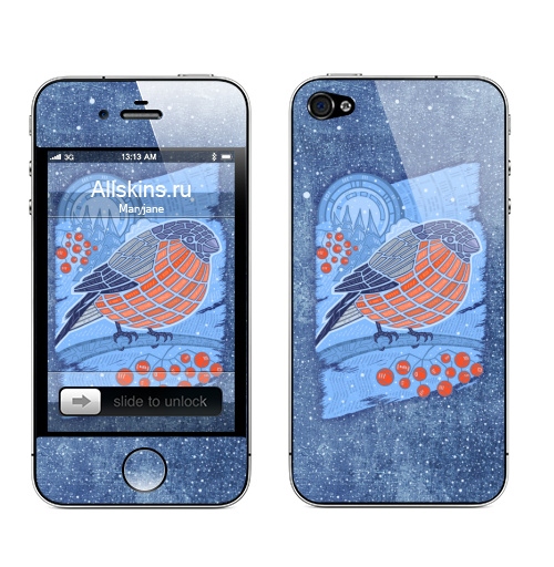 Наклейка на Телефон Apple iPhone 4S, 4 Снегирь,  купить в Москве – интернет-магазин Allskins, птицы, зима, абстракция, снегирь, новый год