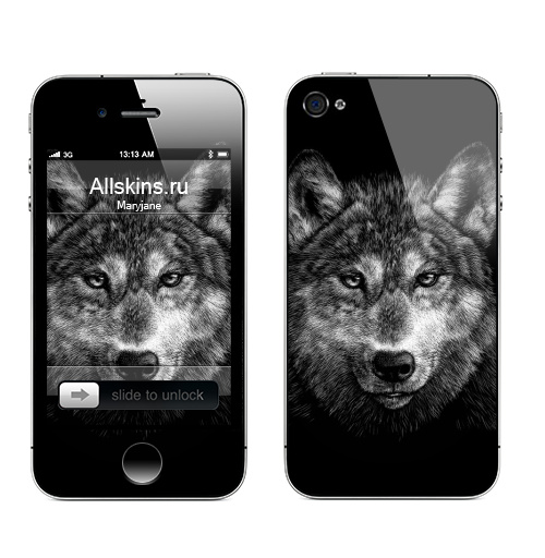 Наклейка на Телефон Apple iPhone 4S, 4 Волчище,  купить в Москве – интернет-магазин Allskins, морда, животные, волк, полностьючерный, 300 Лучших работ