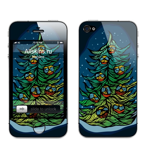 Наклейка на Телефон Apple iPhone 4S, 4 Сюръёлка,  купить в Москве – интернет-магазин Allskins, сюрреализм, новый год, снег, ночь