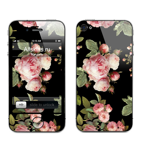 Наклейка на Телефон Apple iPhone 4S, 4 Розовые розы на черном фоне,  купить в Москве – интернет-магазин Allskins, винтаж, черный, яркий, паттерн, лето, летний, розовый, розы