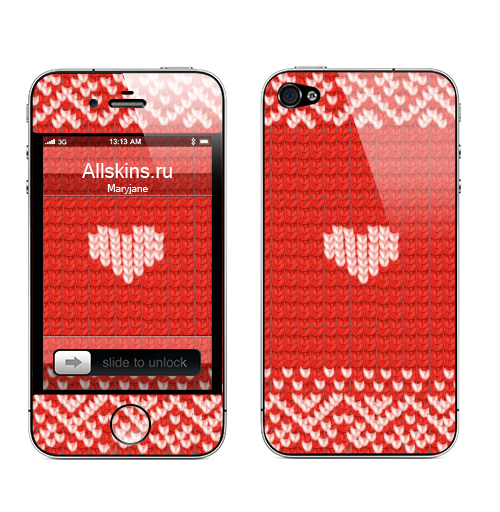 Наклейка на Телефон Apple iPhone 4S, 4 Тёплая любовь,  купить в Москве – интернет-магазин Allskins, сердце, мимими, красный, вязание, свитер, тепло, любовь