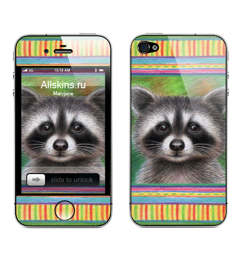 Наклейка на Телефон Apple iPhone 4S, 4 Енот,  купить в Москве – интернет-магазин Allskins, енот, мило, животные, позитив, пушистый