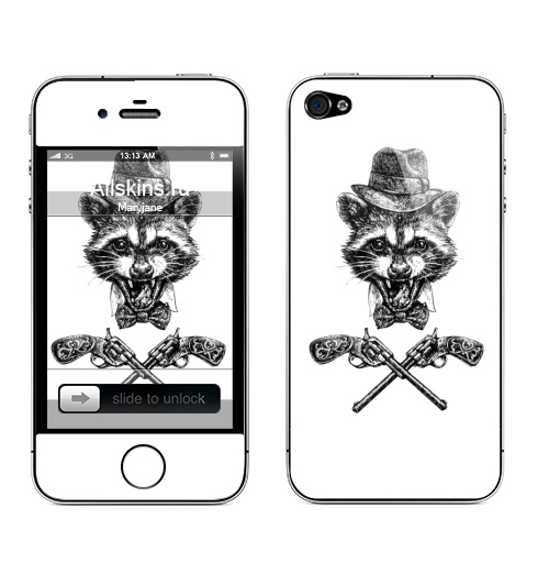 Наклейка на Телефон Apple iPhone 4S, 4 Гангста енот,  купить в Москве – интернет-магазин Allskins, енот, животные, оружие