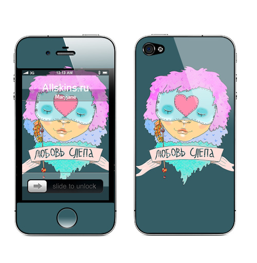 Наклейка на Телефон Apple iPhone 4S, 4 Любовь слепа,  купить в Москве – интернет-магазин Allskins, нежно, любовь, романтика, розовый, дсв, волосы, для влюбленных, сердце
